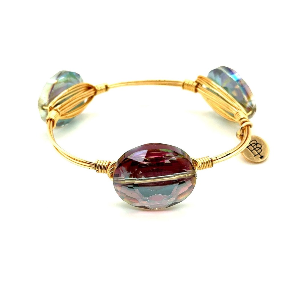 Bourbon and Boweties Gold Wire Wrapped Iridescent Glass Stone Bangle Bracelet